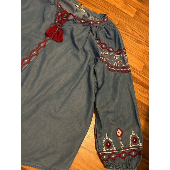 Style & Co Women's Embroidered Peasant Top Size 1X Blue Boho Tassel Tie Pullover - Picture 10 of 12